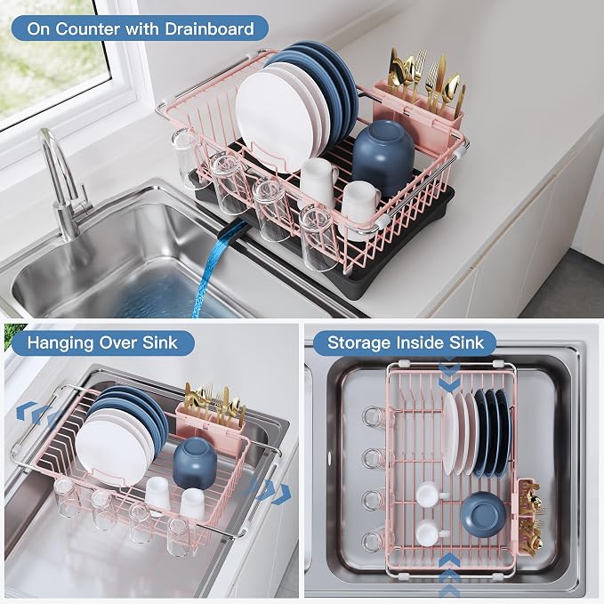JASIWAY Pink Dish Drying Rack in Sink with Drainboard and Utensil Holder | Use Over the Sink or Counter, Stainless Steel Expandable Dish Drainer for Small Kitchen, Space Saving, Fast Drain, Rustproof
