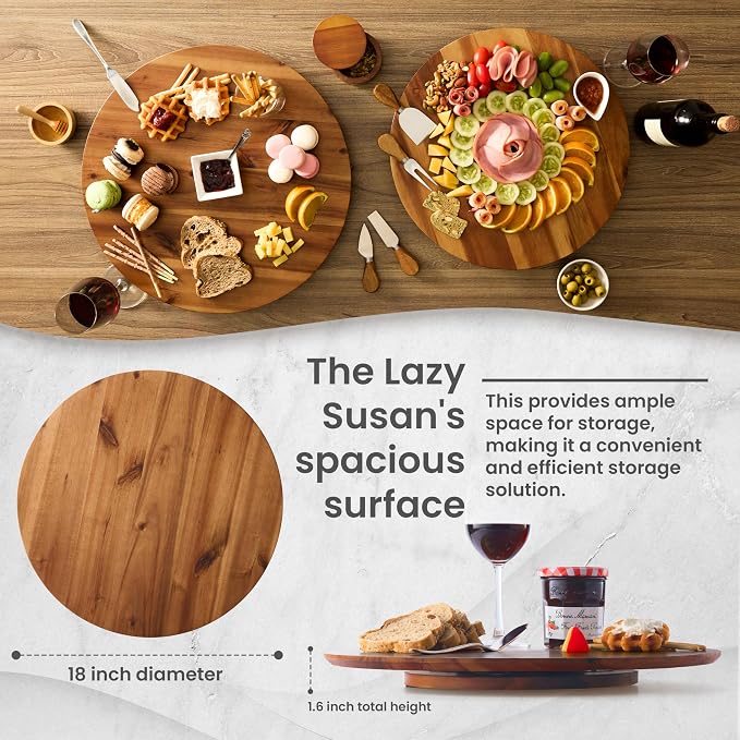 TIDITA 18" Acacia Wood Lazy Susan for Table Top, Swivel Charcuterie Board | 360° Rotation, No Rim, Solid Acacia Wood, Non-Skid Pads, Round Lazy Susans Turntable for Countertop, Extra Large