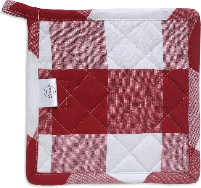Encasa XO Pot Holders, Quilted Kitchen Hot Pads 8"x8" Buffalo Red Checks | 100% Eco-Friendly Cotton | Thick Cotton Padding Insulation | Convenient Hanging Loop | Set of 2