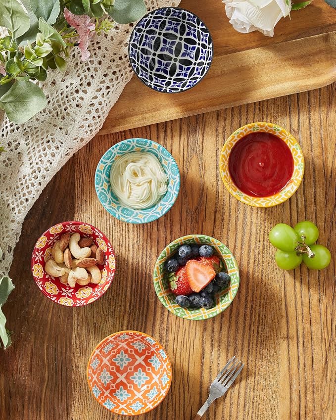 Metahom Ceramic Dipping Bowls, 4 Oz Small Colorful Bowl Set of 6, 3.5 Inch | Little Bowls for Soy Sauce, Salad Dressing, Condiments, Side Dishes, Charcuterie Boards, Microwave & Dishwasher Safe