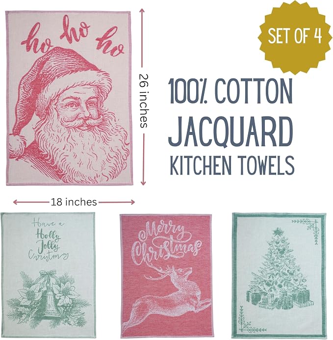 Christmas Tea Towel Set of 4-100% Cotton Jacquard Kitchen Towels, Festive Dish Towels for Christmas Decor, Perfect Hostess Gift (Merry Christmas)
