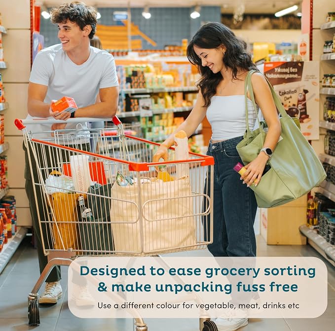Nook Theory 3-Pack Reusable Grocery Bags - Heavy Duty, Large 12 Oz Cotton Canvas Reusable Shopping Bags With Pockets, 100% Cotton Cloth Grocery Totes, Foldable Multi Compartment (Sand)