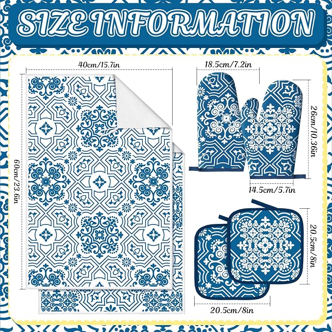 Jingmore 6 Pcs Kitchen Decor Set Accessory Farmhouse Kitchen Towels Pot Holders Oven Mitts Set 2 Dish Towels 2 Pot Holders 2 Cooking Mittens Oven Glove for Cooking (Blue,White,Chinoiserie Printed)
