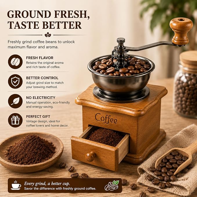 Vintage Wooden Manual Coffee Grinder, Hand Crank Coffee Mill with Ceramic Burr, Adjustable Grind Settings, Retro Coffee Bean Grinder for Home Use, Kitchen Decor, Gift for Coffee Lovers