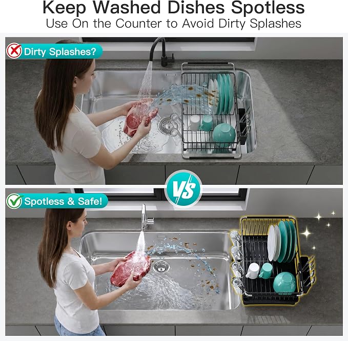 JASIWAY Black Dish Drying Rack in Sink with Drainboard and Utensil Holder | Use Over the Sink or Counter, Stainless Steel Expandable Dish Drainer for Small Kitchen, Space Saving, Fast Drain, Rustproof