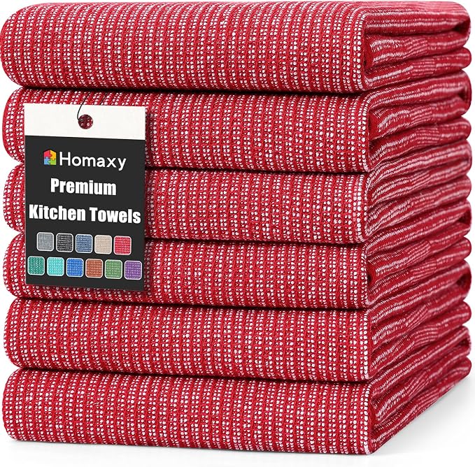 Homaxy 380 GSM Cotton Premium Kitchen Towels 6 Pack, 18"x 28", Red | Flat and Terry Dish Towels, Highly Absorbent Tea Towel Set with Hanging Loop, Soft Utility Kitchen Hand Towels