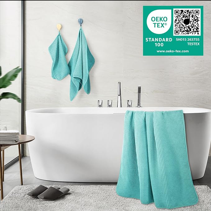 POLYTE 430 GSM Poly Blend Microfiber Quick Dry Waffle Bath Towel Set of 6 | 2-Body Towels, 2-Hand Towels, 2-Wash cloths, Oversize, Lint Free
