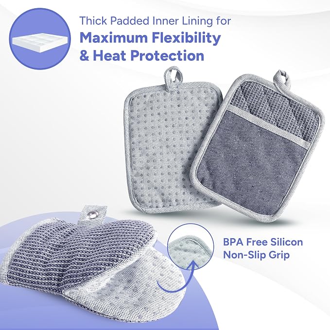 Casa Platino Silicone Oven Mitts & Potholders, 4-Piece – Pot Holders for BBQ & Baking, Oven Mitt for Kitchen & Microwave – Heat Resistant Up to 500°F, Durable & Flexible – Indigo