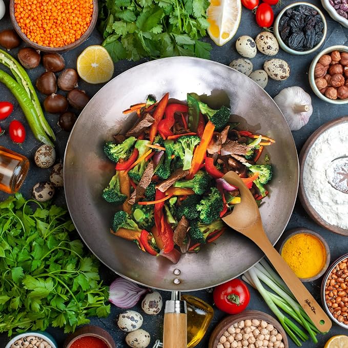 Helen's Asian Kitchen Carbon Steel 4-Piece Wok Set, 12-Inch Round Bottom Wok