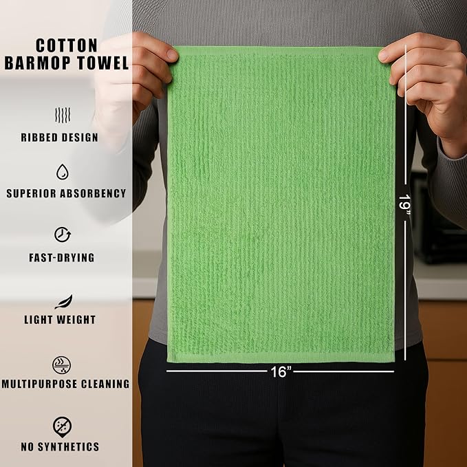 Textila Bar Mop Towels - 16x19 Inches - Pack of 12 - Apple Green - Cotton Dish Cloths & Cleaning Towels for Kitchen, Bar, Restaurant, Household Use – Absorbent, Durable, Reusable