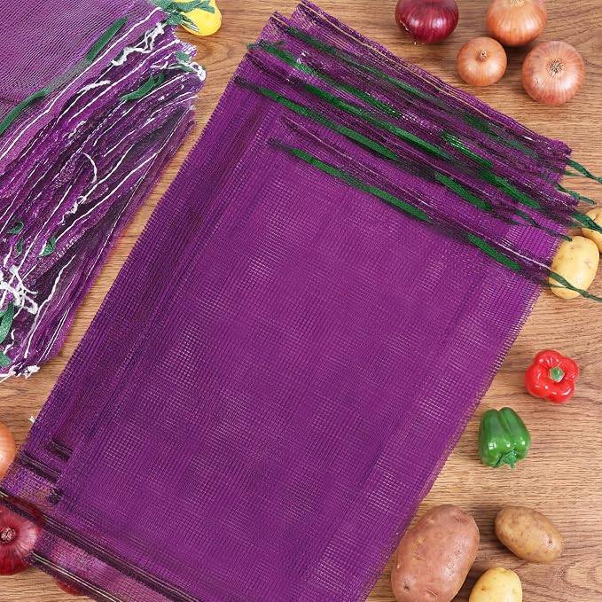 SATINIOR 60 Pcs Large Mesh Storage Produce Bags 21'' x 32'' Mesh Onion Bags 50 Lbs Reusable Vegetable Storage with Drawstring Potato Sacks for Onion Potato Citrus Fruit Produce Firewood (Purple)