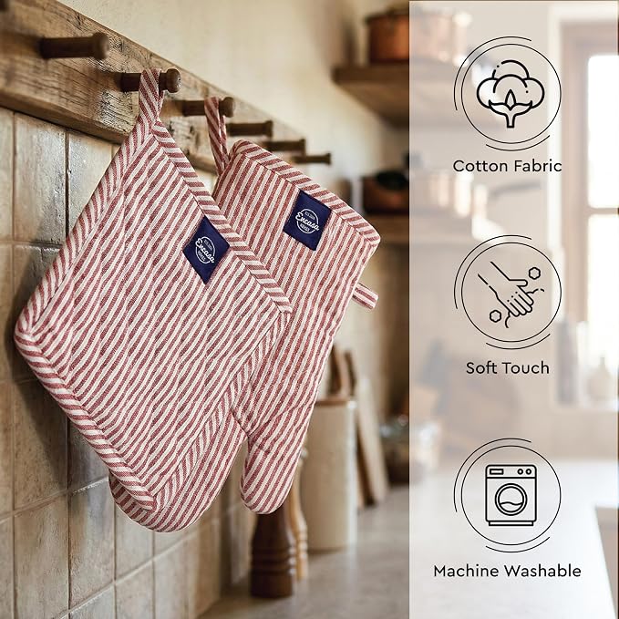 Encasa XO Oven Mitts and Pot Holders Set, Heat Resistant Cotton | Ticking Red, Diamond Quilted | Non-Slip Grip | Microwave & Oven Safe | Hanging Loop | Machine Washable | Set of 2