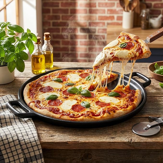 Home-Complete Cast Iron Pizza Pan, Even-Heating Cast Iron Cookware, 14” | Round Pizza Pan for Oven, Stovetop, Grill, or Campfires, Nonstick Griddle with Dual Handles