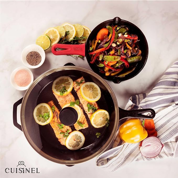 Cuisinel Cast Iron Skillet Set - 8" + 12"-Inch Frying Pan + Glass Lids - Pre-Seasoned Cookware - Heat-Resistant Holders - Indoor/Outdoor Use - Camping, Grill, Stove, BBQ, Firepit, Induction, Oven Safe
