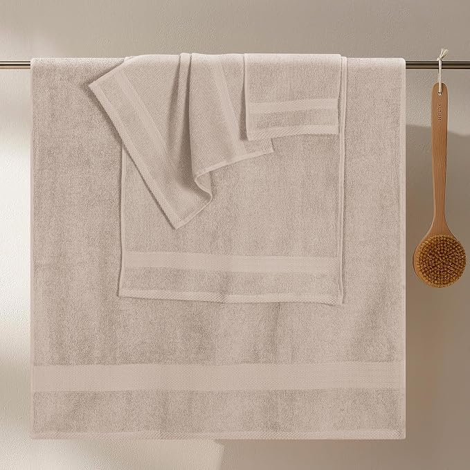 GLAMBURG Ultra Soft 8-Piece Towel Set - 100% Pure Ringspun Cotton, Contains 2 Oversized Bath Towels 27x54, 2 Hand Towels 16x28, 4 Wash Cloths 13x13 - Ideal for Everyday use, Hotel & Spa - Tan