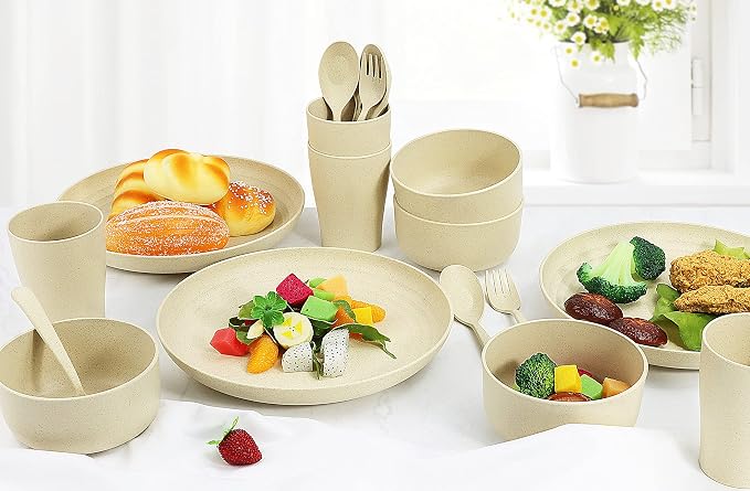 Wheat Straw Dinnerware Sets, 20pcs Lightweight Unbreakable Dinnerware, Microwave Dishwasher Safe Bowls Cups Forks Spoons set,Perfect for Camping Outdoor, Beige