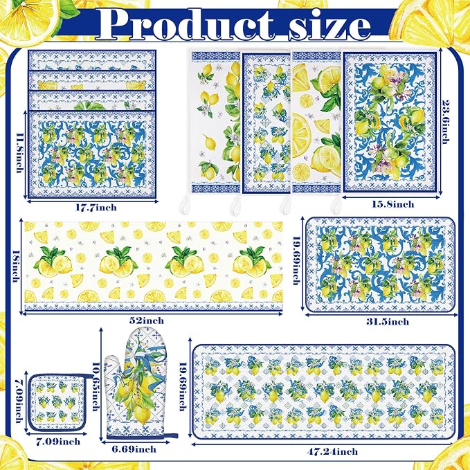 Fourluoo 16 Pcs Lemon Kitchen Decor Set 4 Summer Kitchen Towels 2 Non Slip Rugs and Mats for Floor 2 Oven Mitts Gloves 2 Pot Holders 4 Placemats 2 Curtains for Home Decoration Women Gift