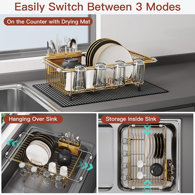 JASIWAY Gold Dish Drying Rack in Sink with Mat, Cups and Utensil Holder | Use Over the Sink or Counter, Stainless Steel Expandable Dish Drainer for Small Kitchen, Space Saving, Fast Drain, Rustproof