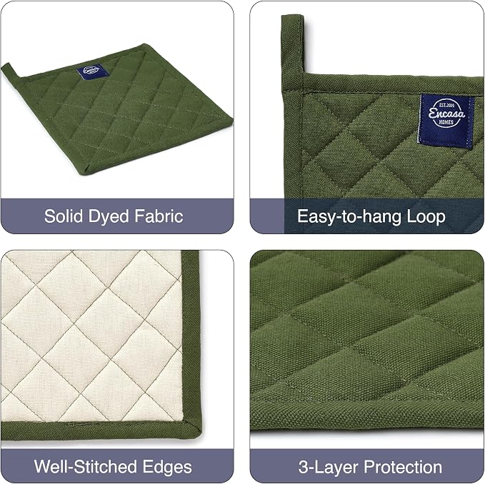 Encasa XO Pot Holders, Quilted Kitchen Hot Pads 8"x8" Leaf Green | 100% Heavyweight Cotton | Quilted Insulation | Multipurpose Trivets & Hot Pads | Hanging Loop | Set of 2