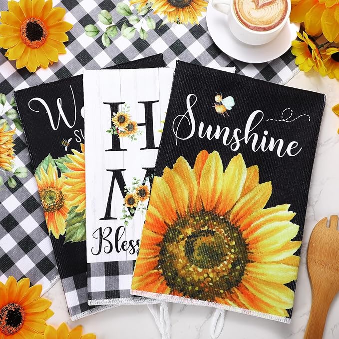 4 Pcs Sunflower Kitchen Towels Buffalo Plaid Towels Gifts | Black White Floral Hand Tea Dish Cloth Fast Drying Absorbent Housewarming Gift for Summer Xmas Home Cooking Kitchen Bathroom