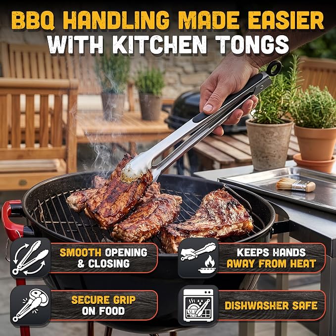 Stainless Steel Kitchen Tongs Set of 3, 7/9/12 Inch, Heavy Duty | Cooking Tongs for BBQ, Grilling, Air Fryer, Serving & Salad; Silicone Grips, Locking Ring, Hanging Loop; Metal Utensil Set