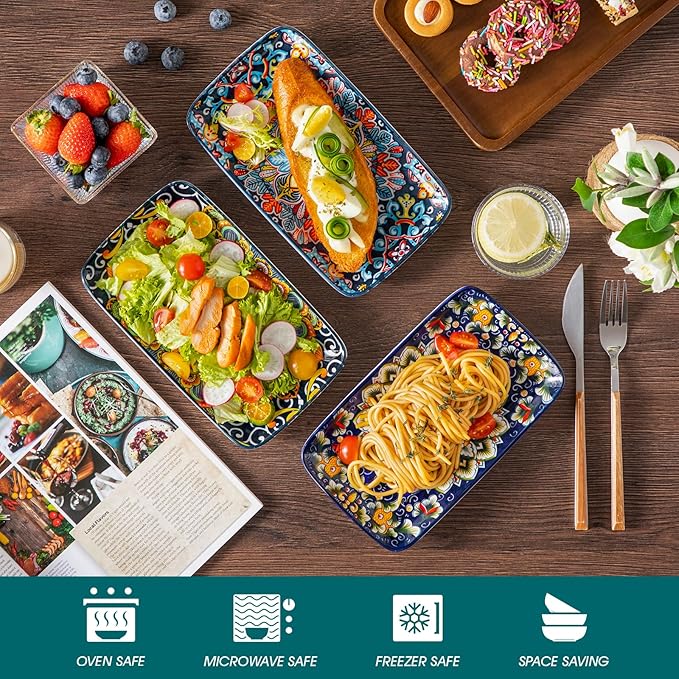 vancasso Simi 6-Piece Rectangular Ceramic Plates Set, 8.5" x 5.1" Small Dessert & Sushi Plates, Bohemian Appetizer Serving Plates, Microwave & Oven Safe Porcelain Plates