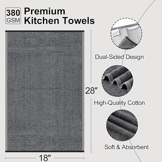 Mordimy Cotton Kitchen Towels (18"x 28", 6 Pack), Navy Blue/Grey/Black | 100% Ring Spun Cotton, Super Absorbent, 380 GSM, Flat & Terry, Soft, Hanging Loop Dish Towels