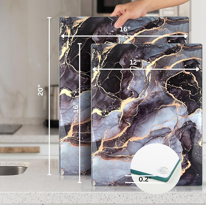Glass Cutting Board 20”x16”: Tempered Glass Kitchen Counter Protector - Durable- Scratch-Resistant, Heat-Proof - Design 8 - Grey & Gold