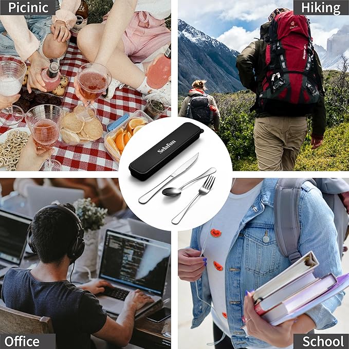 4-pieces Travel Set with Case Portable Silverware Utensils Set for work, Stainless Steel Reusable Flatware Set Cutlery Set for Camping Picnic Hiking Office (6.7inch, Silver)