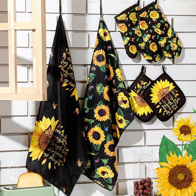 Bencailor 6 Pcs Sunflower Kitchen Decor Black Sunflower Kitchen Towels Pot Holders and Oven Mitts Sets 2 Farmhouse Cooking Mittens for Cooking Grilling Supply Accessories