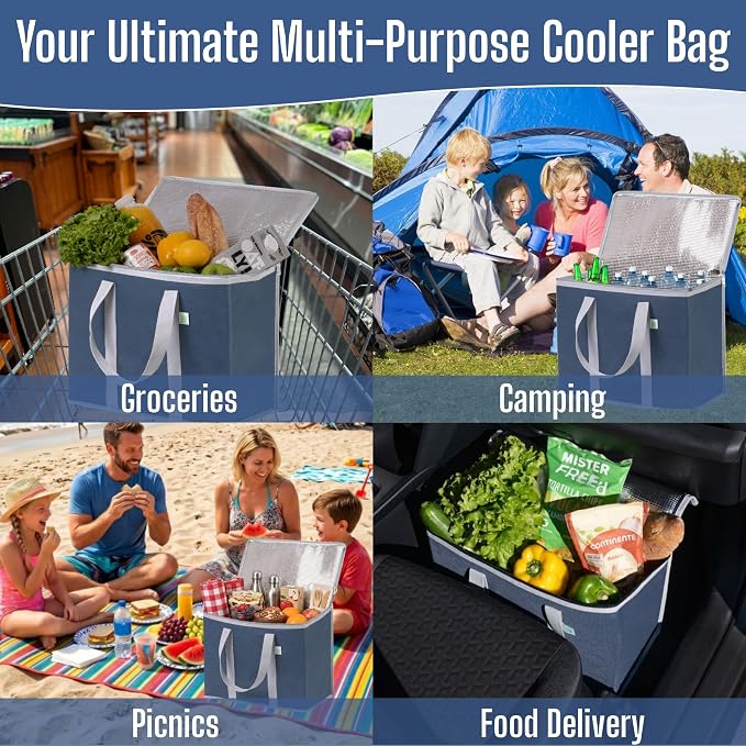 VENO 3 Pack Cooler Bag Insulated Grocery Bags for Food Delivery Heavy Duty | Large Collapsible Cooler, Reusable Shopping Tote w/ Zippers, Foldable, Stands Upright, for Picnic Camping (Dark Blue, 3 Pack)