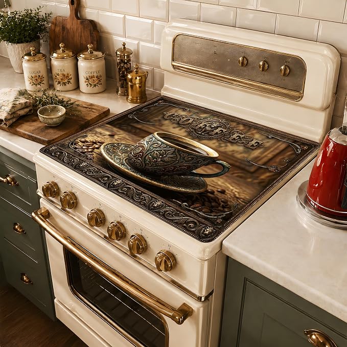 Vintage Coffee Stove Cover 28.3 x 20.5 Inches, Coffee Stove Top Protector, Heat Resistant Non Slip Glass Electric Stove Cover Board, Rustic Coffee Bar Kitchen Decor Mat (Classic coffee)