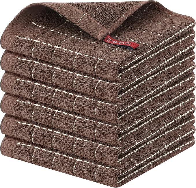 Homaxy 100% Cotton Terry Kitchen Dish Cloths, 6 Pack, Brown | Ultra Soft and Absorbent, Suitable for Drying and Washing Dishes