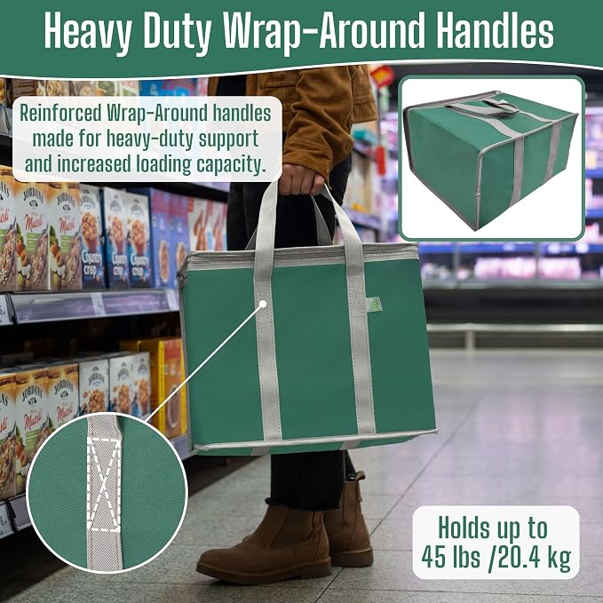 VENO 3 Pack Cooler Bag Insulated Grocery Bags for Food Delivery Heavy Duty | Large Collapsible Cooler, Reusable Shopping Tote with Zippers, Foldable, Stands Upright, for Picnic Camping (Green, 3 Pack)