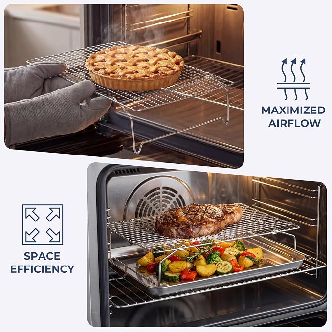 E-far Cooling Rack 15”x10”, 3-Tier Collapsible for Cooking and Baking | Tight-Wire Stainless Steel Cookie Rack for Baking Sheet, Oven, Roasting, Stackable & Space Saving, Dishwasher Safe