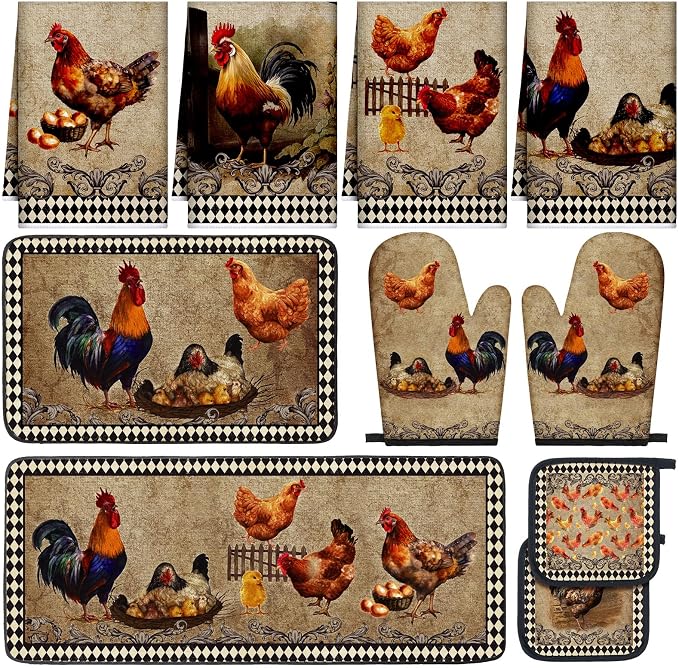 Fourluoo 10 Pcs Rooster Chicken Kitchen Dish Towels Rugs Oven Mitts and Pot Holders Sets Farmhouse Rustic Rooster Kitchen Decor Set for Cooking Baking Grilling Women Mom Gift(Black, White)