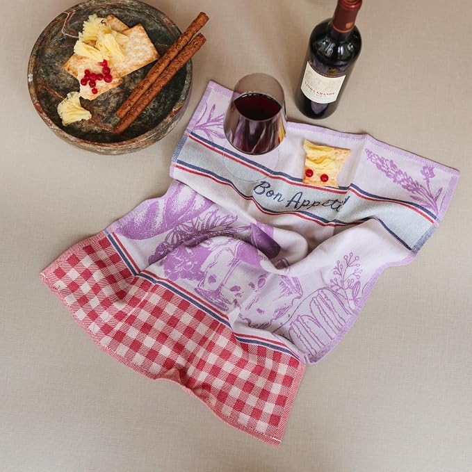 100% Cotton French Jacquard Kitchen Tea Towel Set of 4 - Italian & French Gourmet Kitchen Towels (Gourmet Moments)