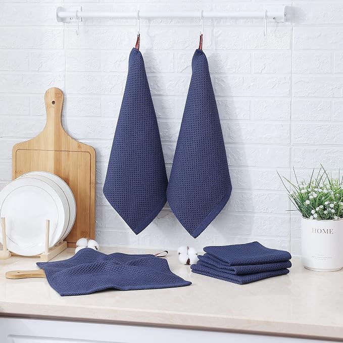 Kitinjoy 100% Cotton Waffle 6-Pack Kitchen Towels, 12" x 12", Navy Blue | Ultra Absorbent, Super Soft, lightweight, Quick Drying Dish Rags for Washing Dishes