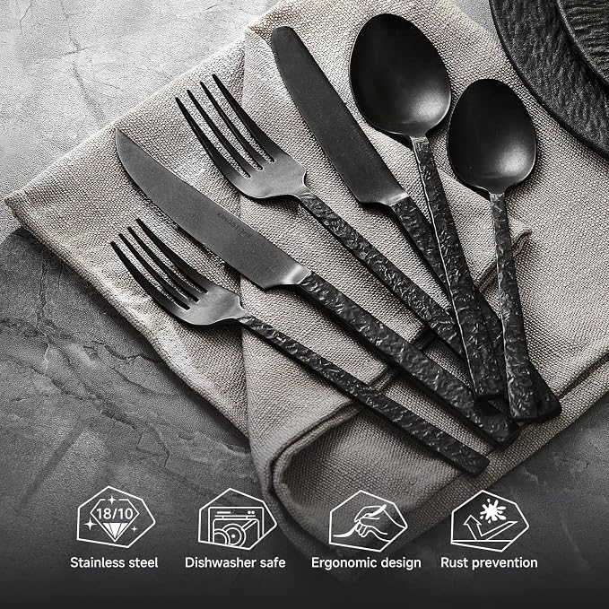 36 Pcs Black Hammered Silverware Set with Steak Knives for 6, 18/10 Stainless Steel Heavy Duty Flatware Set, Tableware Cutlery Utensil Sets for Home Restaurant Dishwasher Safe
