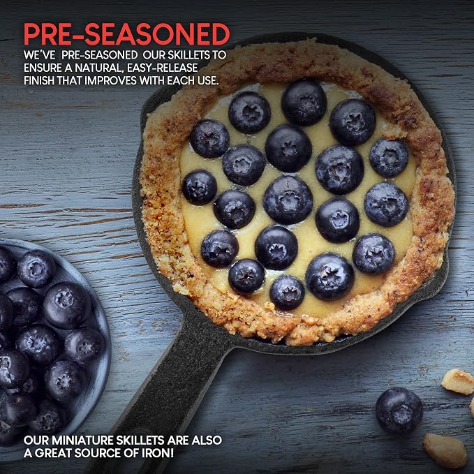 Modern Innovations Mini Black Cast Iron Skillet Set with Silicone Mitt (4 Count) - 3.5 Inch Pans, Pre Seasoned Small Skillets for Baked Cookie/Brownie or Cooked Eggs