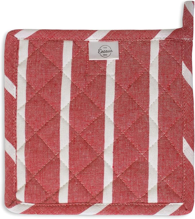 Encasa XO Pot Holders, Quilted Kitchen Hot Pads 8"x8" Roma Red Stripes | 100% Eco-Friendly Cotton | Thick Cotton Padding Insulation | Convenient Hanging Loop | Set of 2