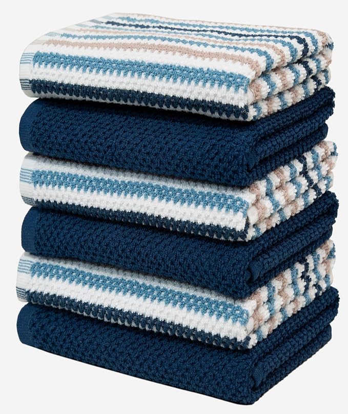 Bumble Kitchen Towels 6 Pack 100% Cotton 16"x26" - Blue Wide Stripe | 430 GSM Soft Kitchen Hand Towels with Hanging Loop, Highly Absorbent & Durable for Washing and Drying Dishes