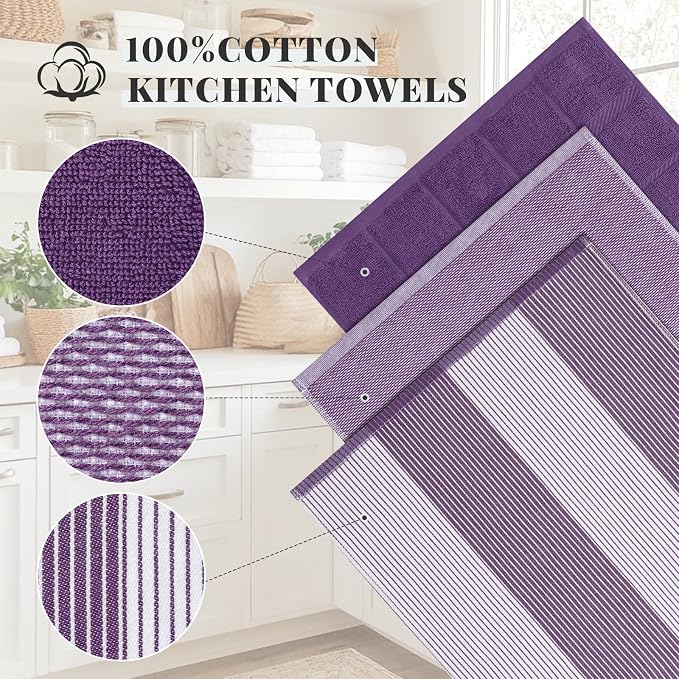 Homaxy 9 Pack Cotton Terry Premium Kitchen Towels, 18 x 28 in, Purple | Large 380 GSM Dish Towels, Highly Absorben Flat & Terry Kitchen Hand Towels, Soft Utility Tea Towel Set with Hanging Loop