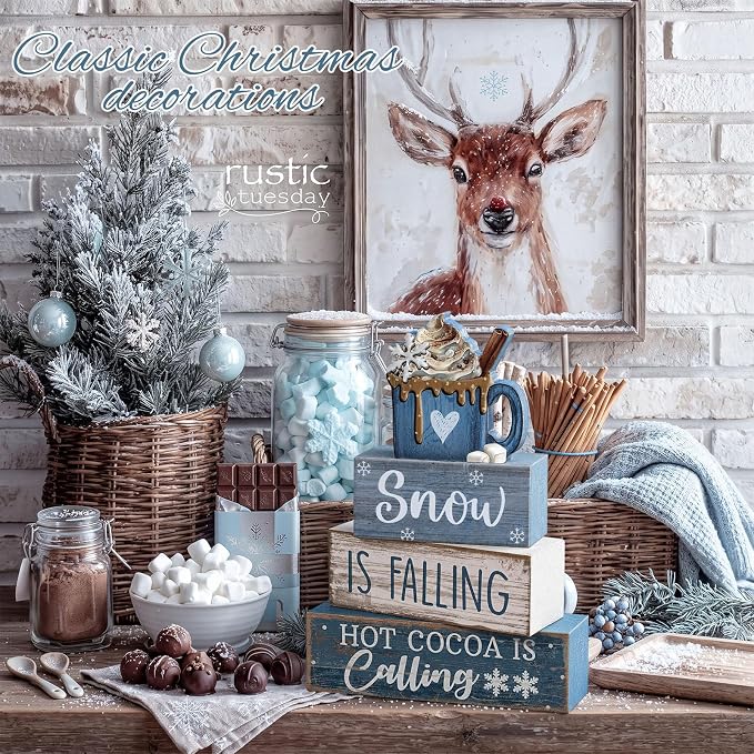 Lineshading 4 Pcs Wooden Block Signs Tiered Tray Decor Farmhouse Coffee Mug | Rustic Home Tabletop Shelf Accent, Stackable Coffee Quote Blocks with Ghost Mug Piece, Farmhouse Seasonal Kitchen Gift