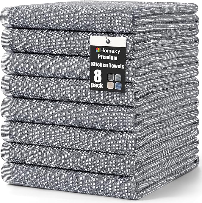 Homaxy 380 GSM Cotton Premium Kitchen Towels 8 Pack, 18"x 28", Grey | Flat and Terry Dish Towels, Highly Absorbent Tea Towel Set with Hanging Loop, Soft Utility Kitchen Hand Towels
