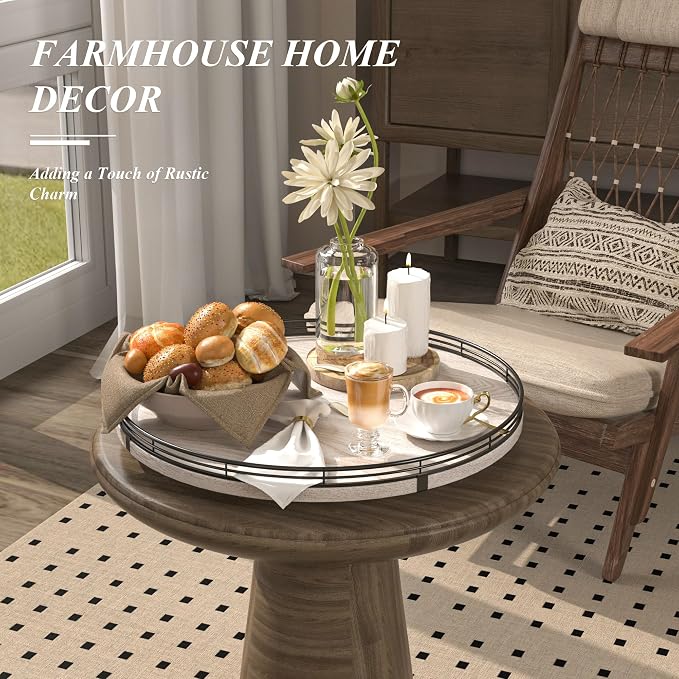 AMH 16-Inch Whitewashed Farmhouse Oak Lazy Susan Organizer | Smooth rotating oak tray with walnut finish for dining tables, kitchen counters, pantries and cabinet storage.
