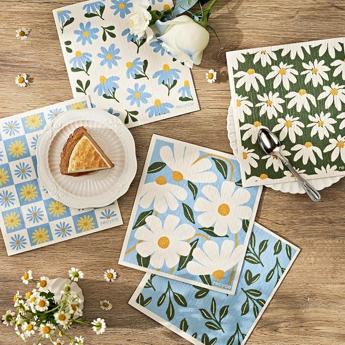 RECYCO Swedish Dishcloths for Kitchen | 5 Pack Daisy Dreams Washable Dish Rags | Cellulose Reusable Cleaning Paper Towels | Absorbent Counter Dish Cloth Sponge Kitchen Wipes, 8" L x 7" W