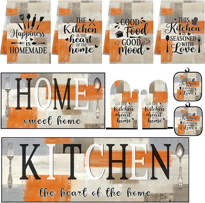 10 Pcs Kitchen Decor and Accessories Set, Orange Beige | 4 Dish Towels Kitchen Rugs 2 Oven Mitts 2 Pot Holders, Home Decor for Cooking Baking BBQ Gifts Women Mom Housewarming
