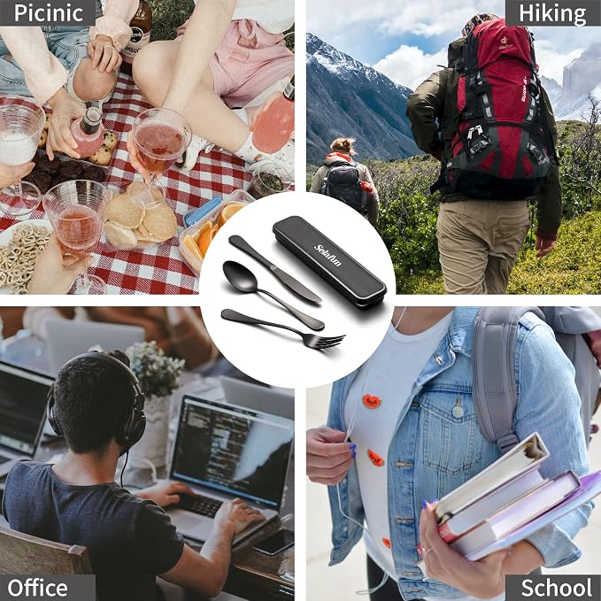 4-pieces Travel Set with Case Portable Silverware Utensils Set for work, Stainless Steel Reusable Flatware Set Cutlery Set for Camping Picnic Hiking Office (8inch, Matte Black)