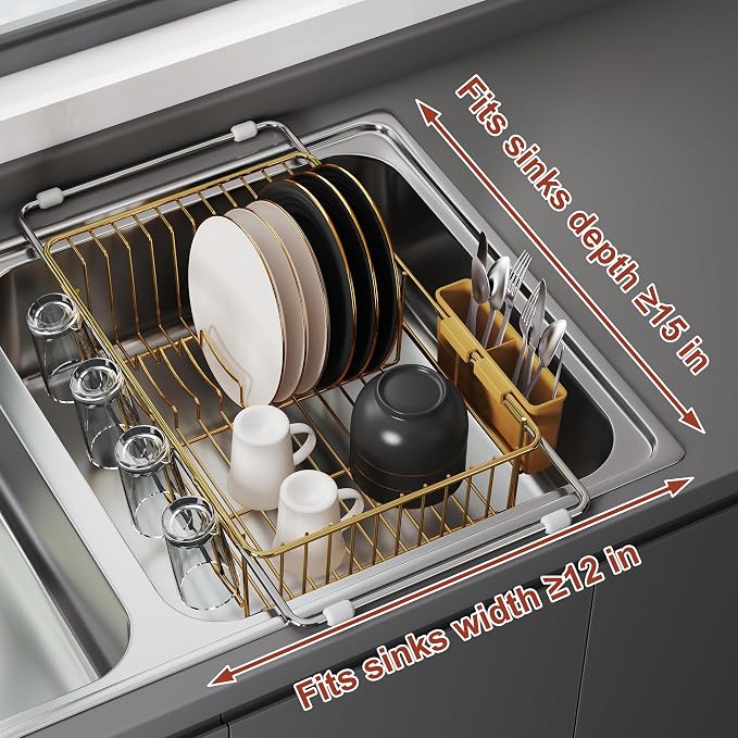 JASIWAY Gold Dish Drying Rack in Sink, Dish Drainer with Utensil Holder | Over The Sink Expandable Stainless Steel Strainer Dryer Rack for Small Kitchen, Counter Space Saving, Fast Drain, Rustproof